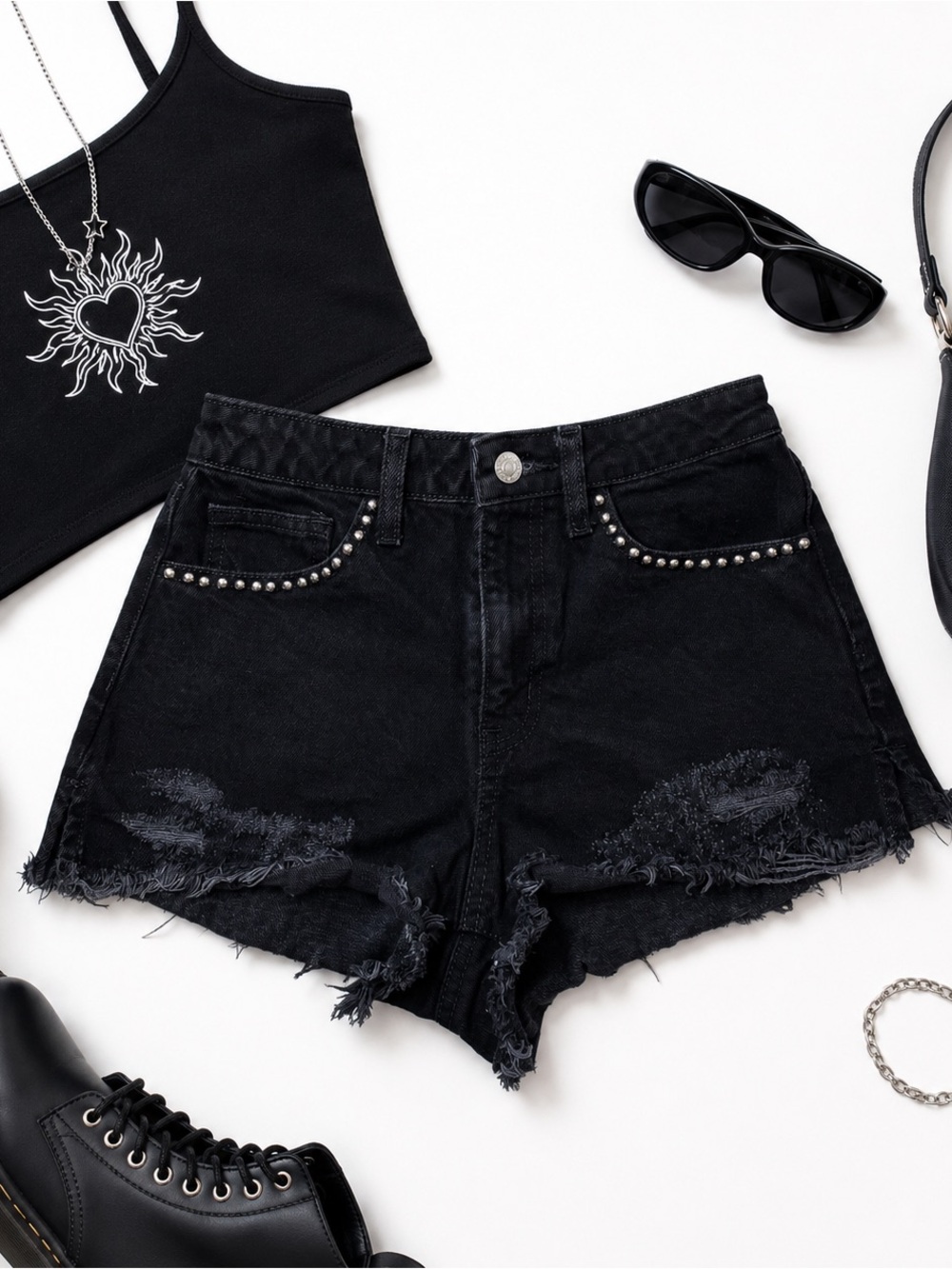 Forever 21 Premium Studded Black Denim Shorts | Size 26 | Y2K Festival